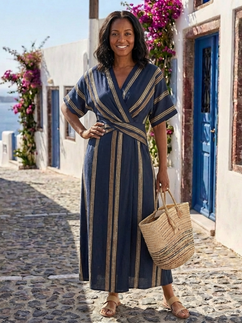 Saphira | Vestido midi cruzado de manga corta, cuello en V y a rayas