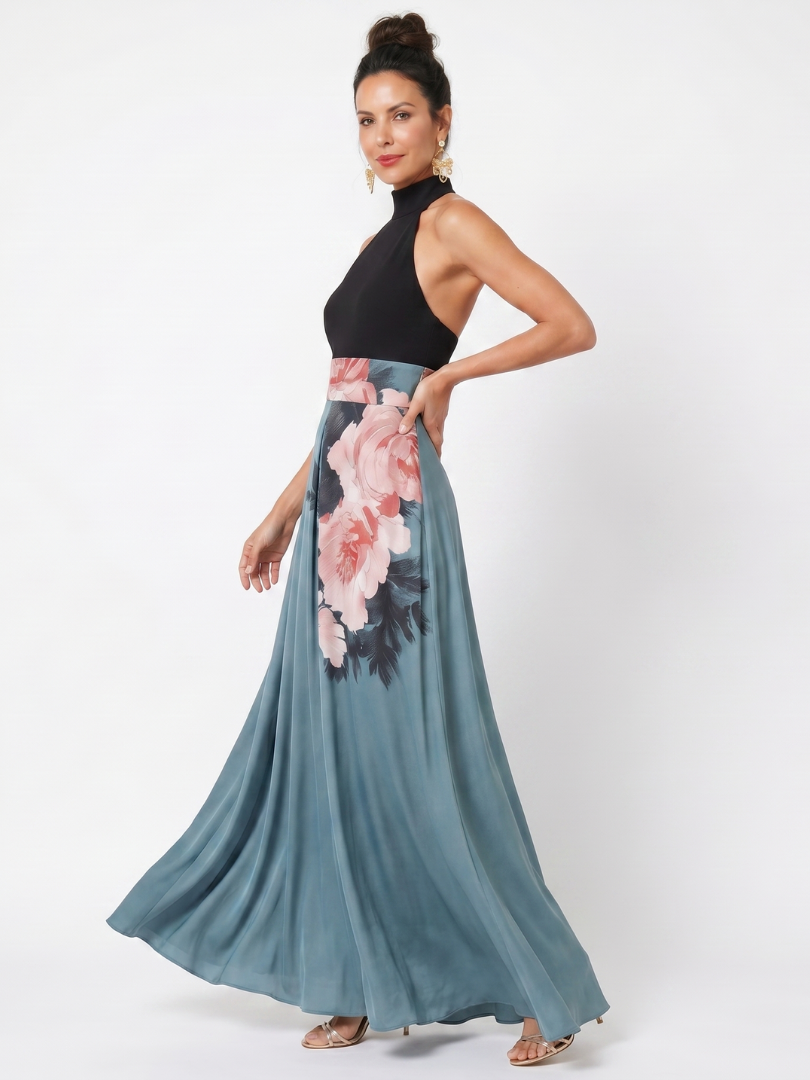 Olympas | Vestido maxi com corpete de decote halter e saia floral