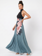 Olympas | Vestido maxi com corpete de decote halter e saia floral