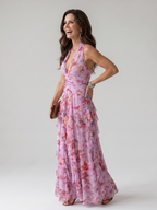 Nori | Vestido maxi com decote halter, corpete franzido e padrão floral