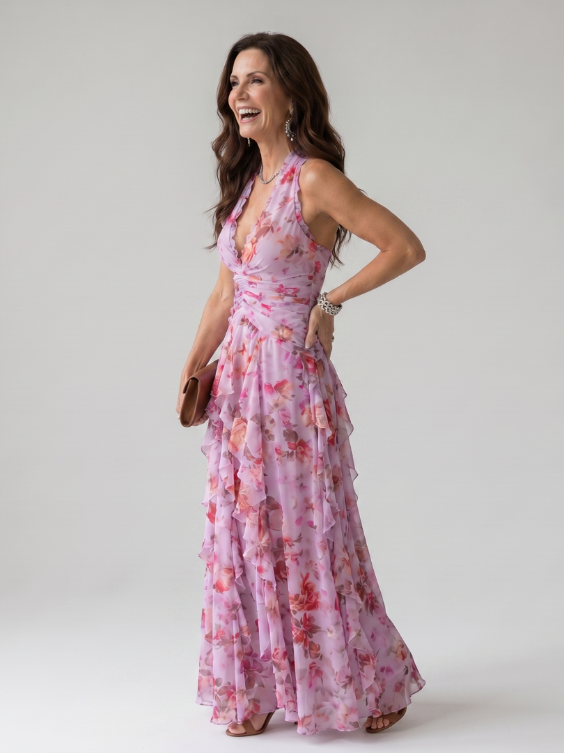 Nori | Vestido maxi com decote halter, corpete franzido e padrão floral