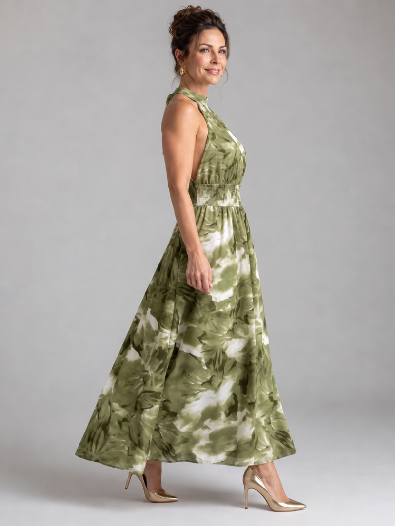 Olivia | Vestido midi estampado com cintura franzida e padrão abstrato