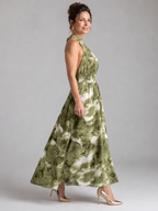 Olivia | Vestido midi estampado com cintura franzida e padrão abstrato