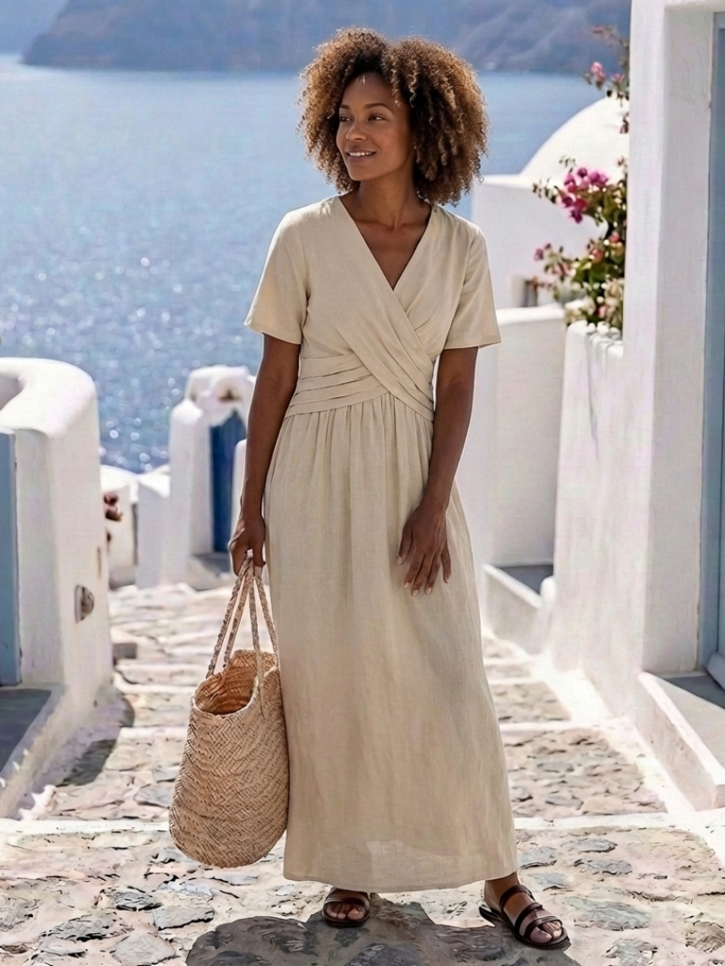 Alvara | Vestido midi com decote em V, mangas curtas e cintura transpassada