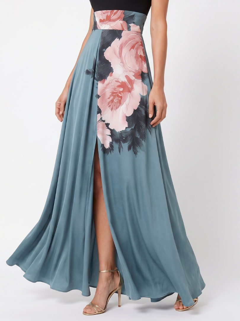 Olympas | Vestido maxi com corpete de decote halter e saia floral