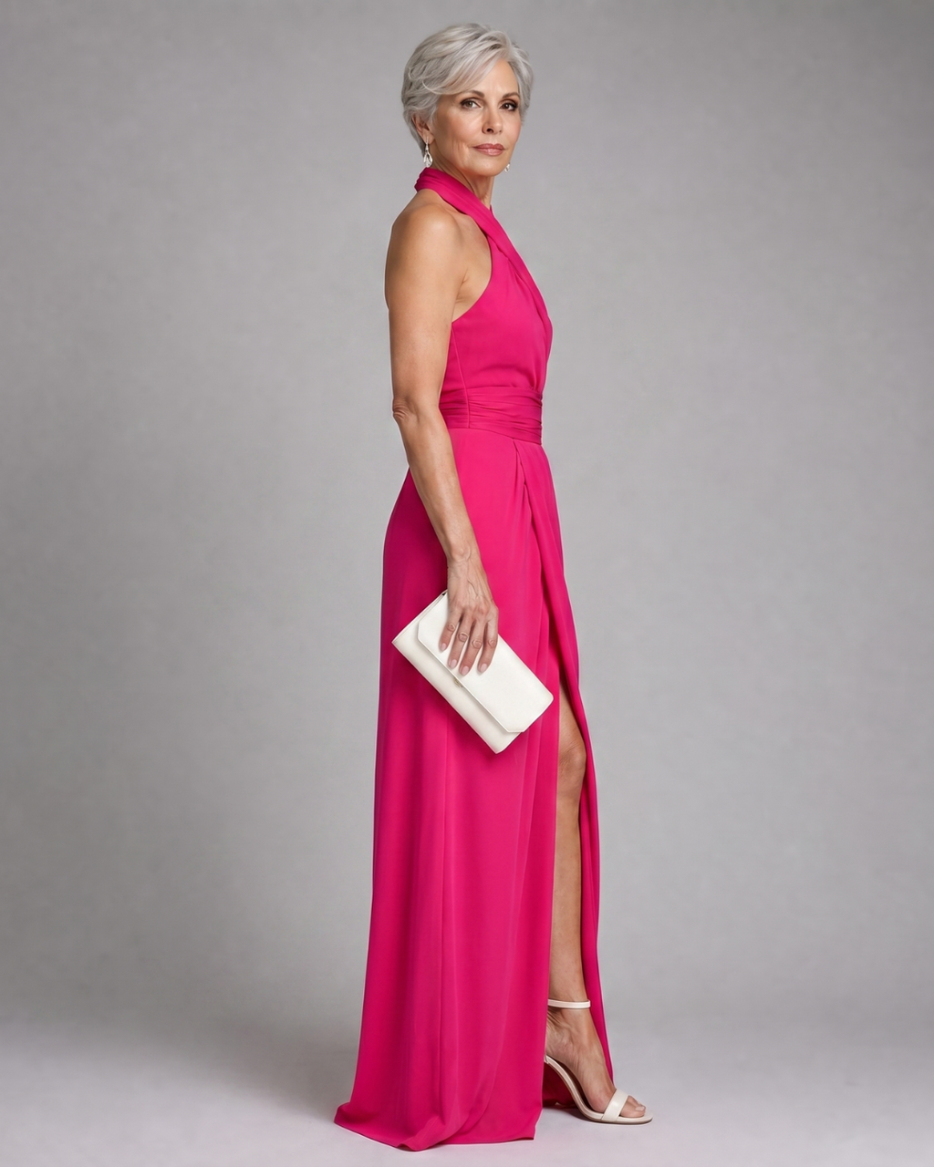 Vaelora | Vestido midi com decote halter cruzado, lateral drapeada e racha