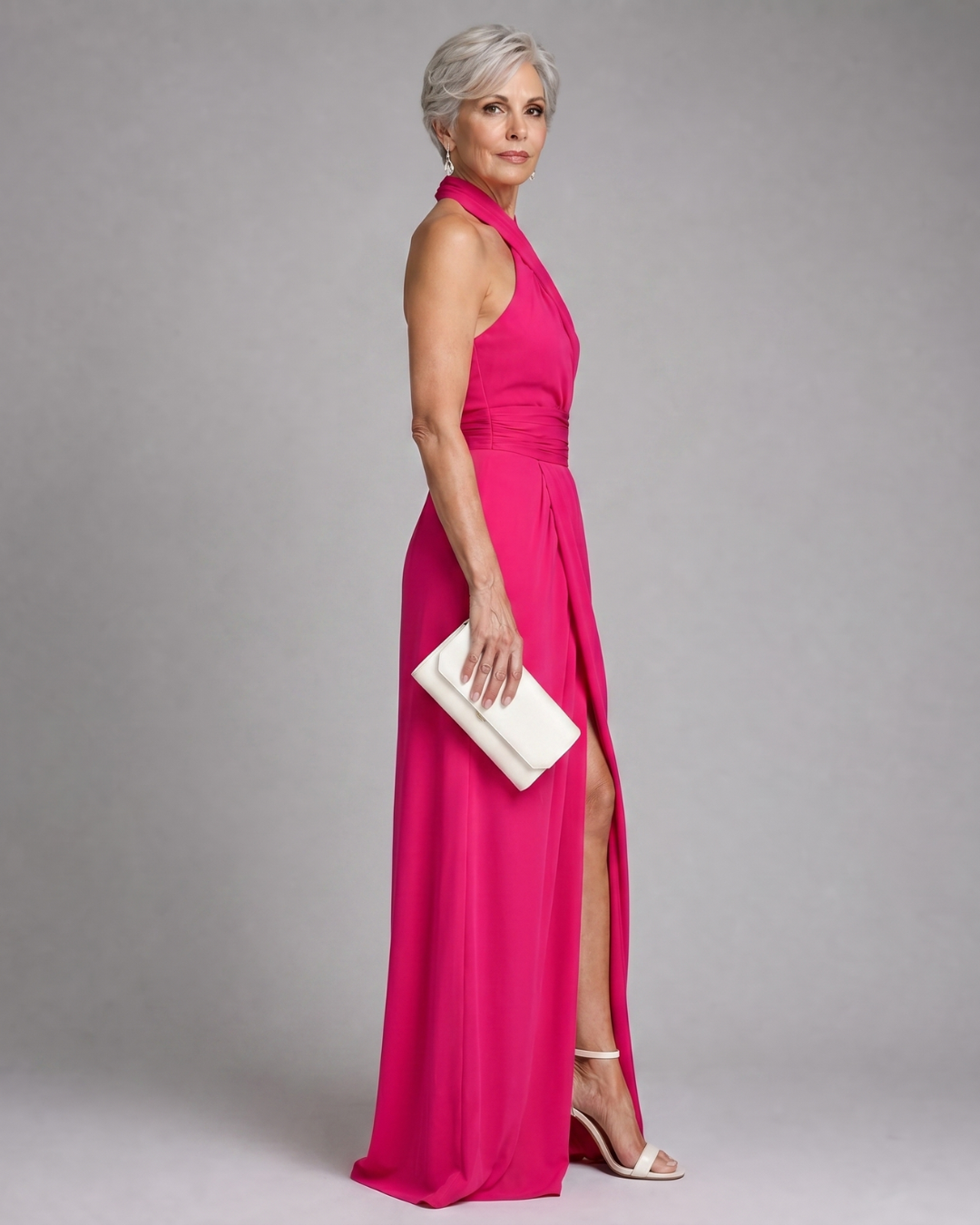 Vaelora | Vestido midi com decote halter cruzado, lateral drapeada e racha