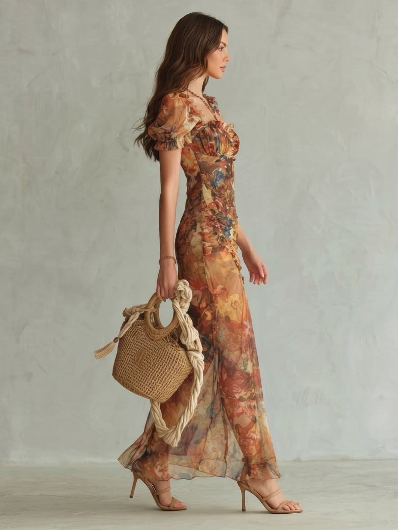 Ciel | Vestido midi com mangas com folhos, franzidos e racha