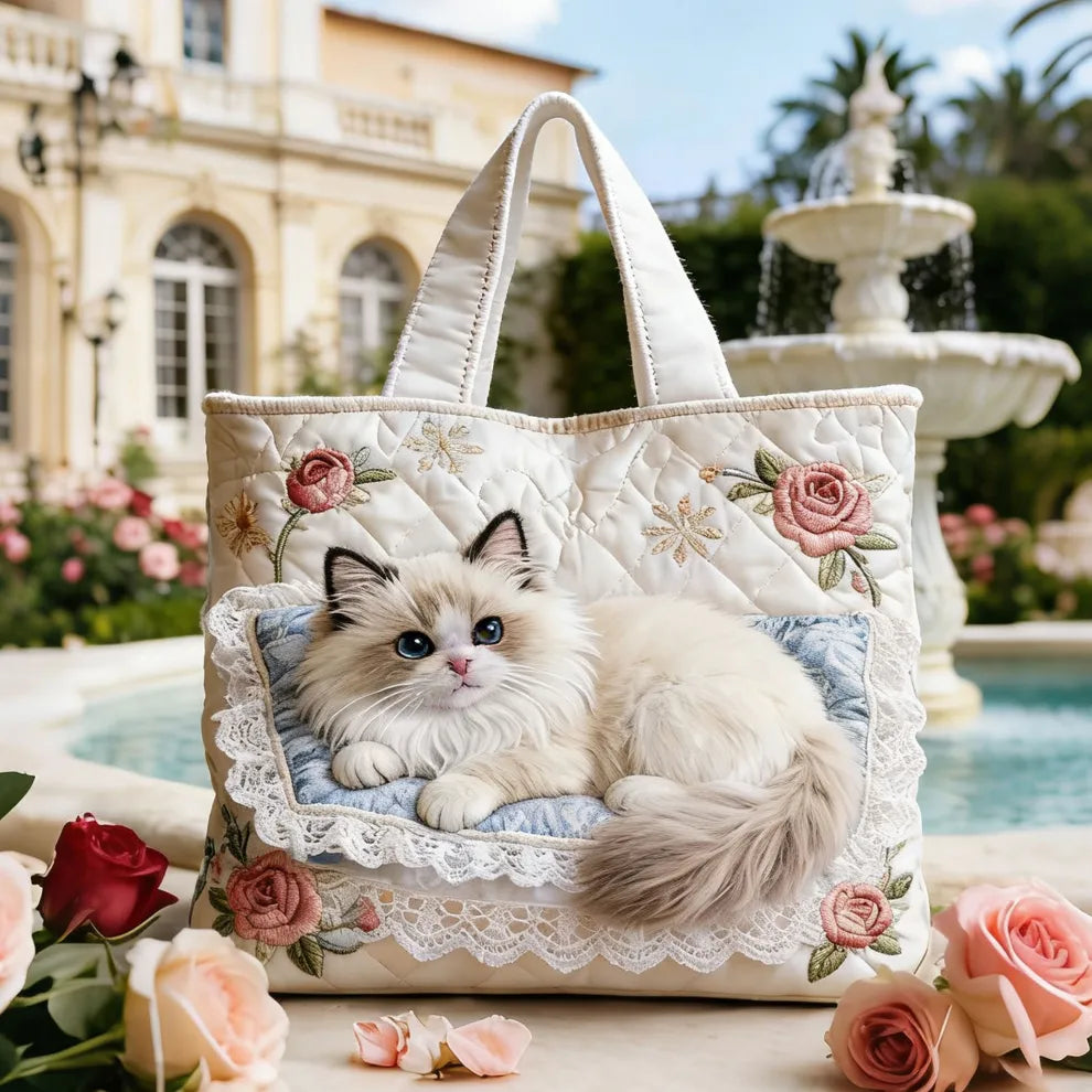 Gatito Jardín de Rosas | Bolsa tote acolchada artesanal