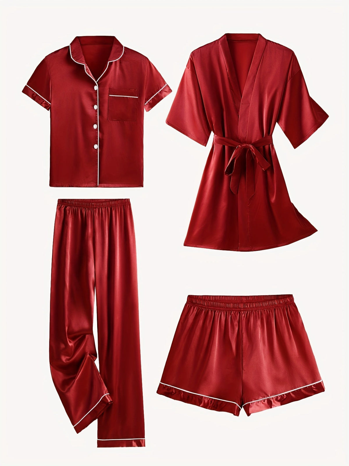 Juliette | Conjunto de pijama y bata de satén liso de manga media, de 4 piezas