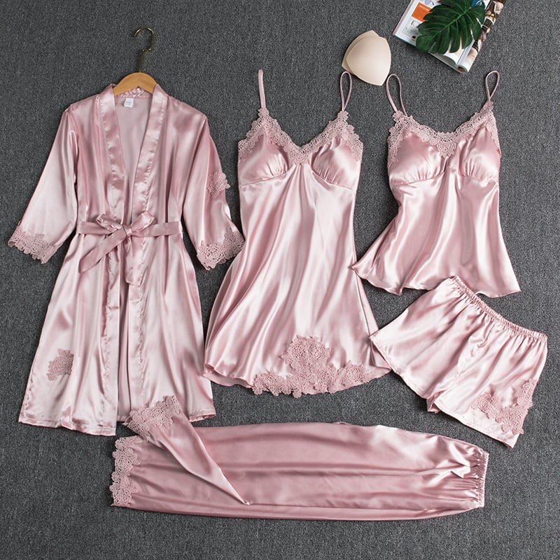 Rebecca | Conjunto de ropa de noche de seda y encaje de 5 piezas