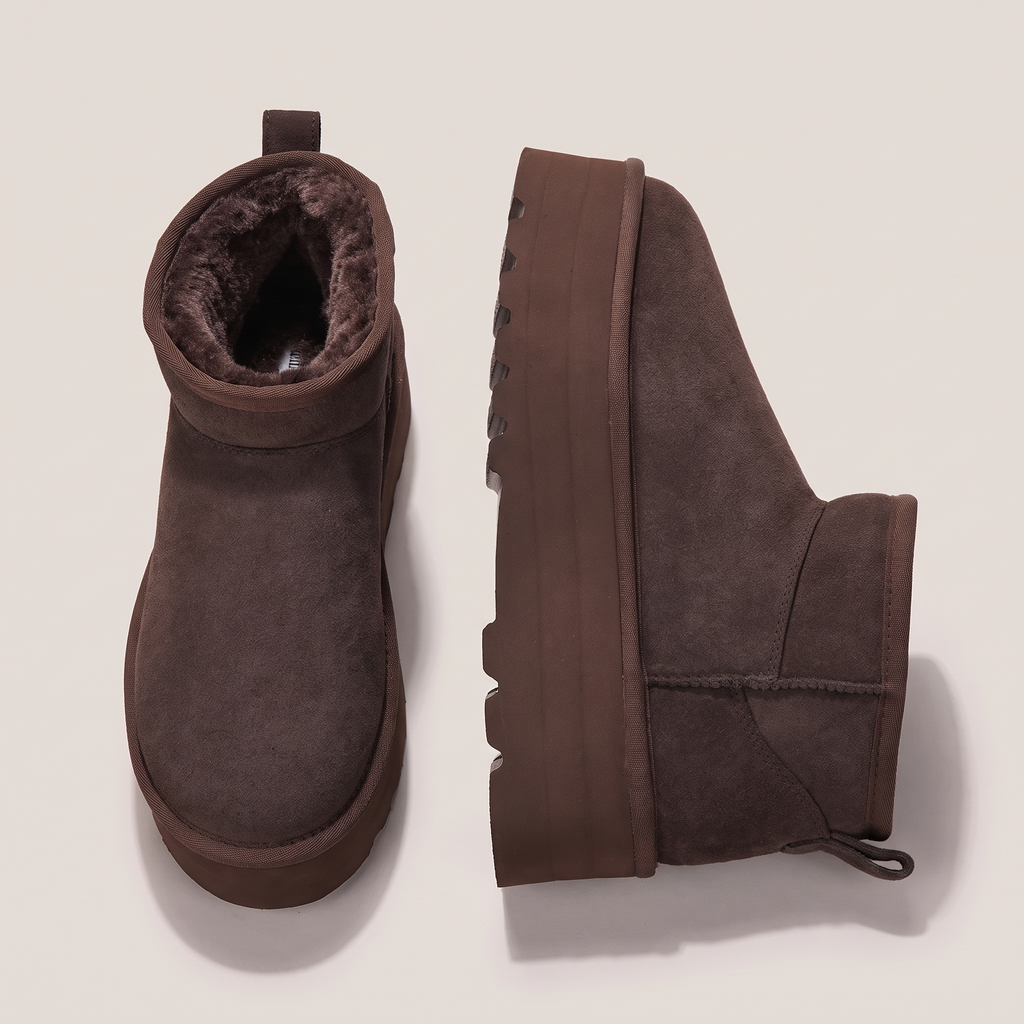 Pair of brown platform ankle boots showing the plush lining and side profile