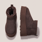 Pair of brown platform ankle boots showing the plush lining and side profile
