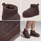 Collage of brown platform ankle boots with lining, side and on-foot views