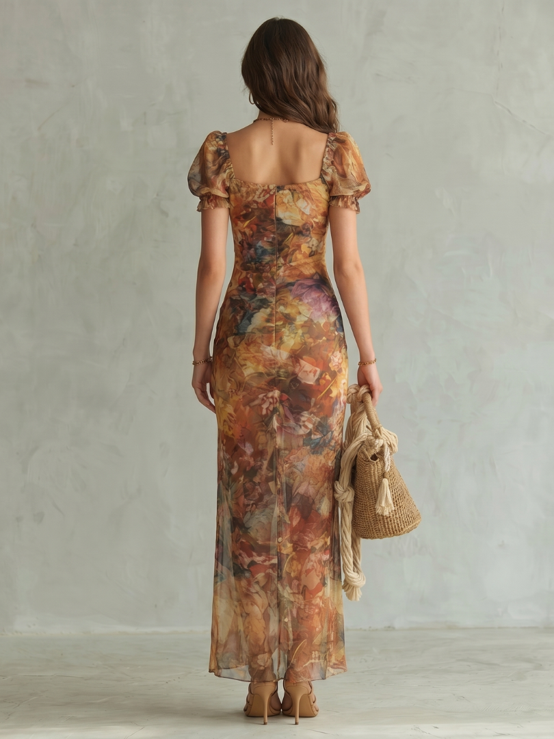Ciel | Vestido midi com mangas com folhos, franzidos e racha