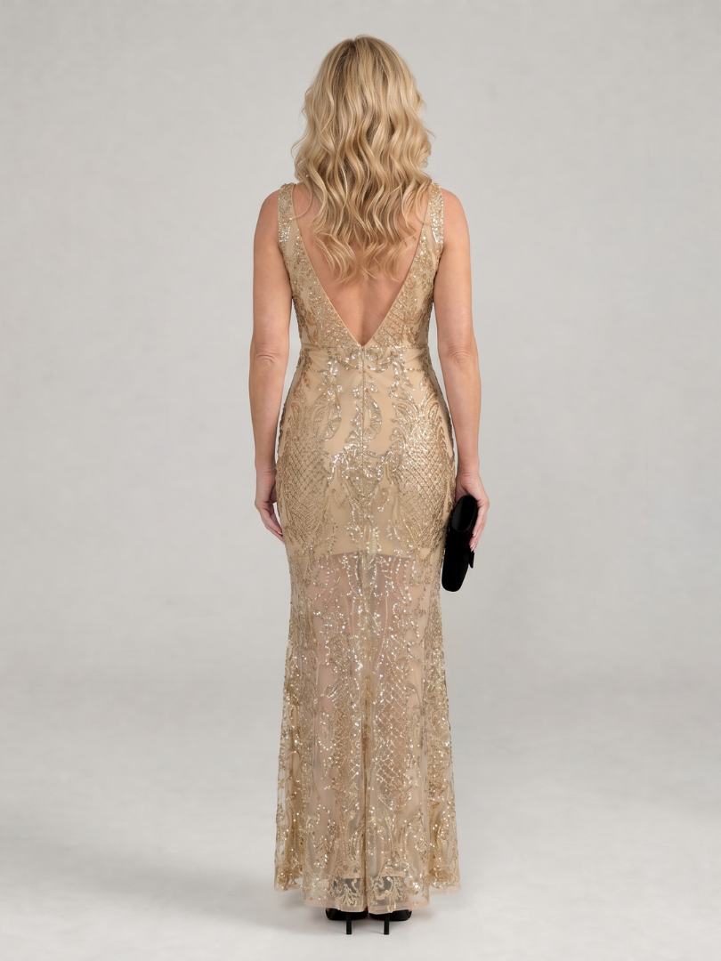 Sirea | Vestido midi de lentejuelas, sin mangas y con panel transparente