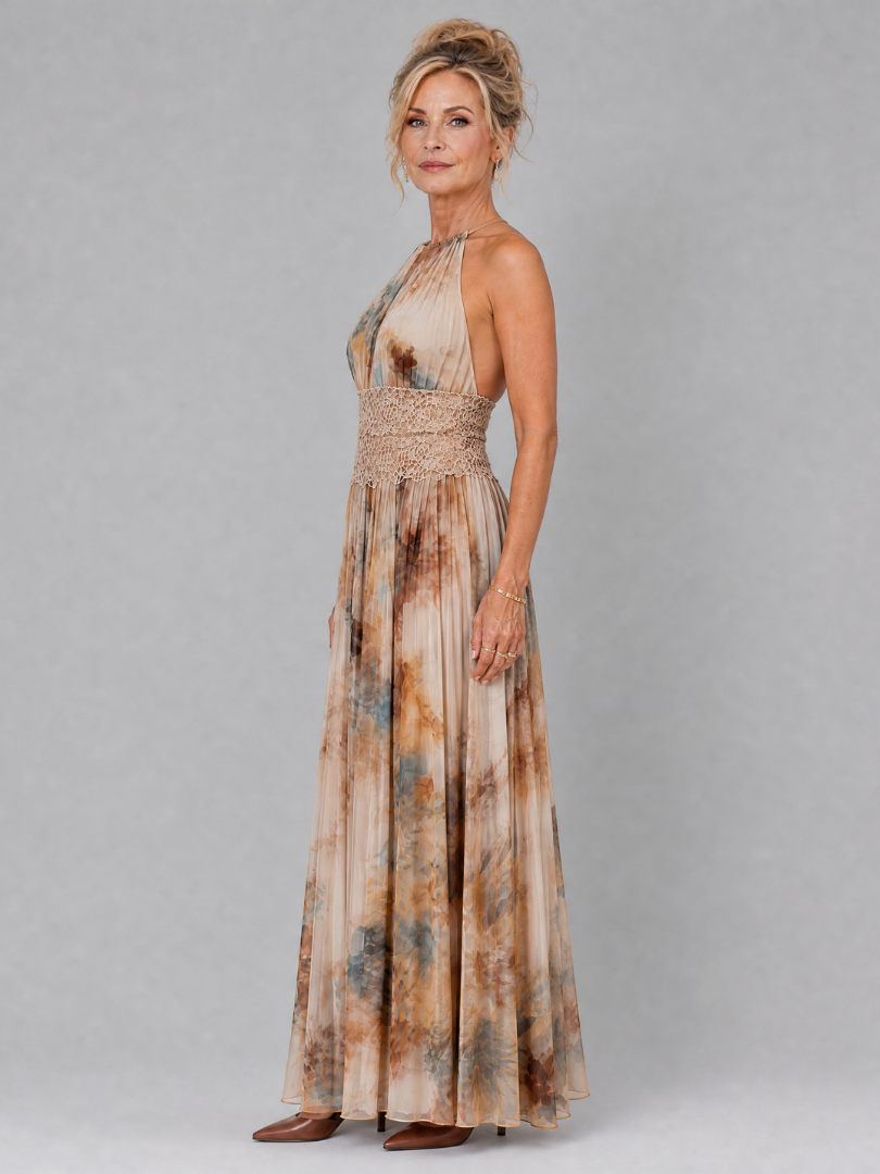 Elavenue | Vestido largo de encaje con cuello halter y cintura ceñida