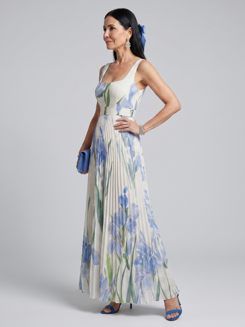 Ophelia | Vestido midi floral sem mangas e com decote quadrado