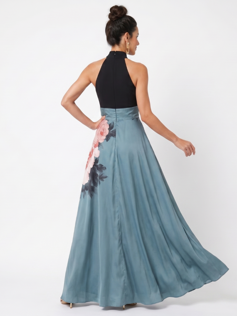 Olympas | Vestido maxi com corpete de decote halter e saia floral