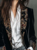 Alana - Women's Black Baroque Print Lapel Slim Fit Blazer