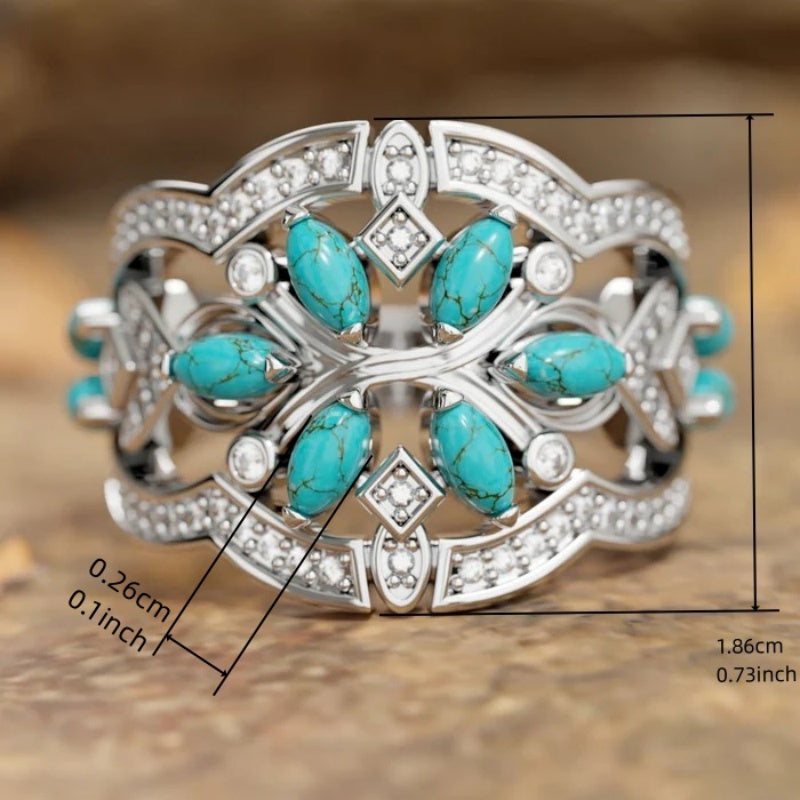 Anillo vintage bohemio de flores y enredaderas de turquesa