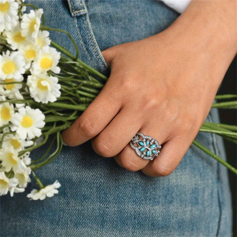 Anillo vintage bohemio de flores y enredaderas de turquesa