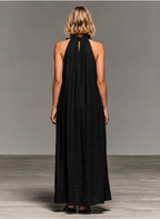 Emma soft ruffle maxi dress by Bennett and Lowe, flowing fabric with ruffle details, full-length dress on a hanger.