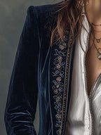 Cleo - Women’s Vintage Navy Embroidered Longline Jacket