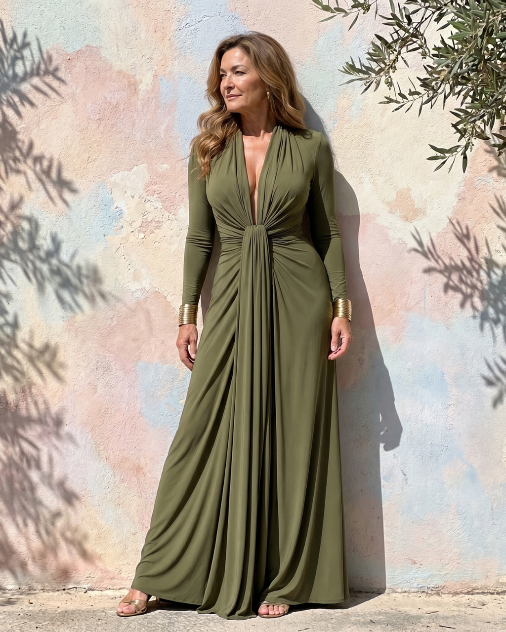 Vimmer | Vestido largo de manga larga con escote en V profundo y drapeado