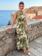 Olivia | Vestido midi estampado com cintura franzida e padrão abstrato