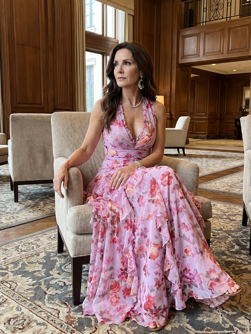 Nori | Vestido maxi com decote halter, corpete franzido e padrão floral