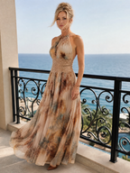 Elavenue | Vestido longo com gola halter e cintura de renda