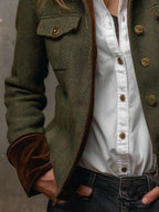 Magdalene - Women’s Vintage Herringbone Contrast Trim Blazer
