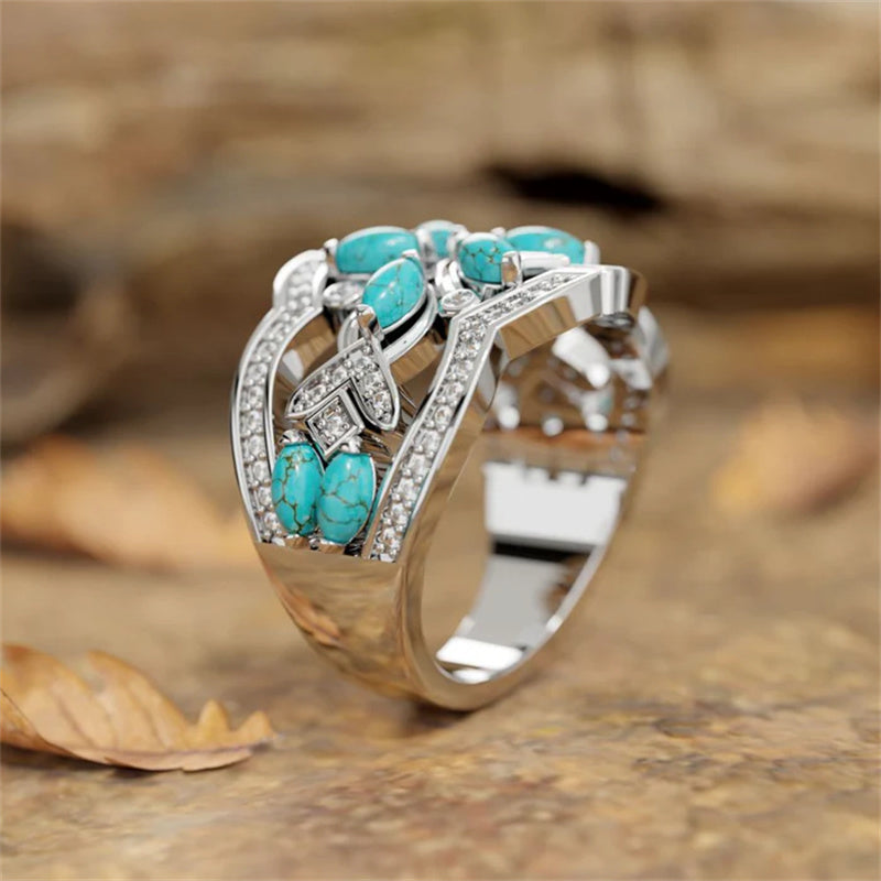 Anillo vintage bohemio de flores y enredaderas de turquesa