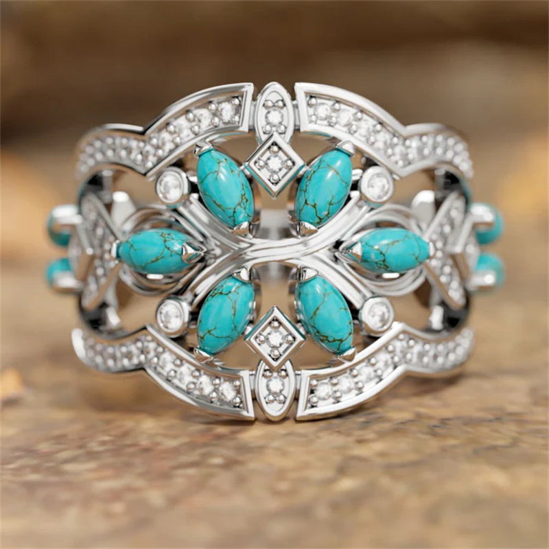 Anillo vintage bohemio de flores y enredaderas de turquesa