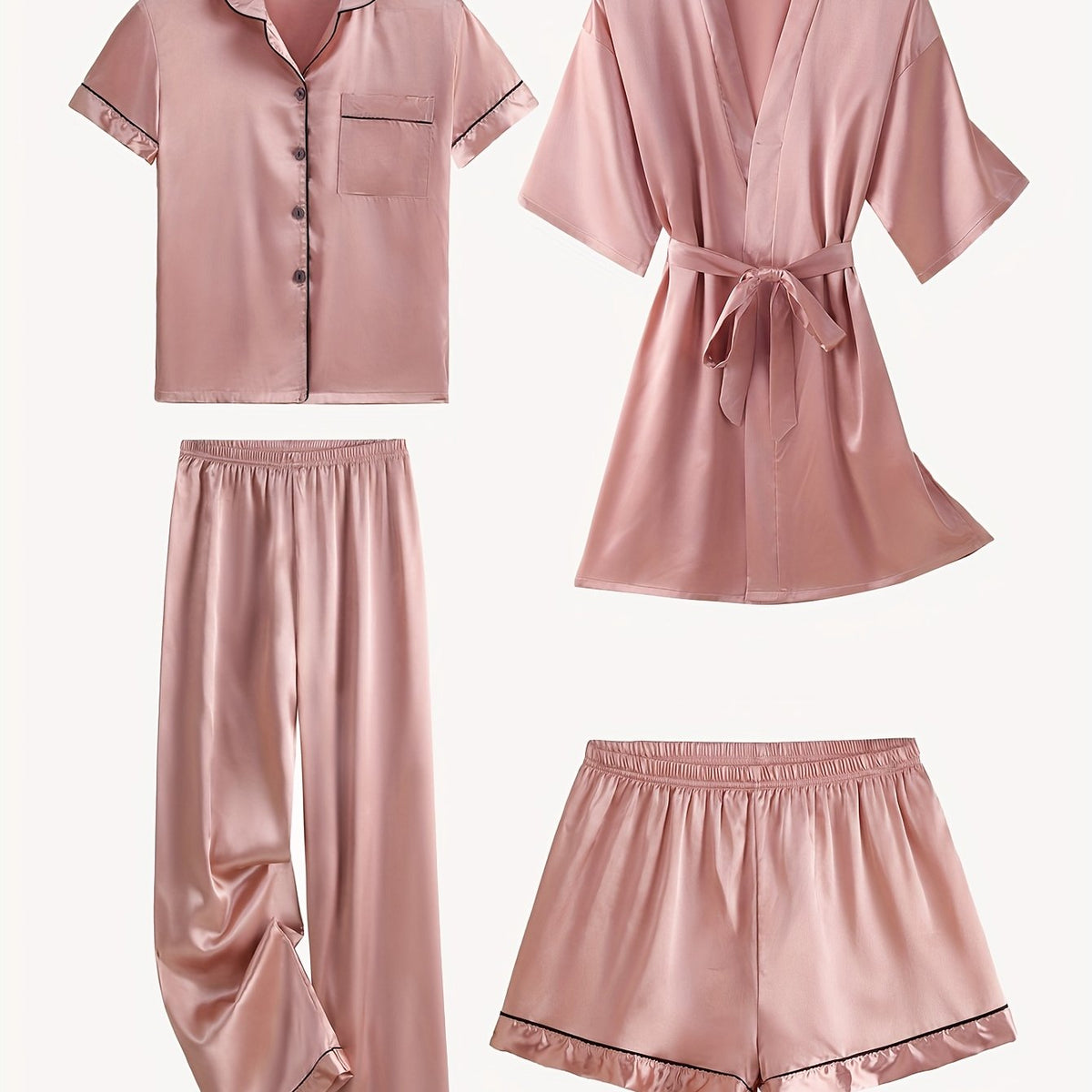 Juliette | Conjunto de pijama y bata de satén liso de manga media, de 4 piezas