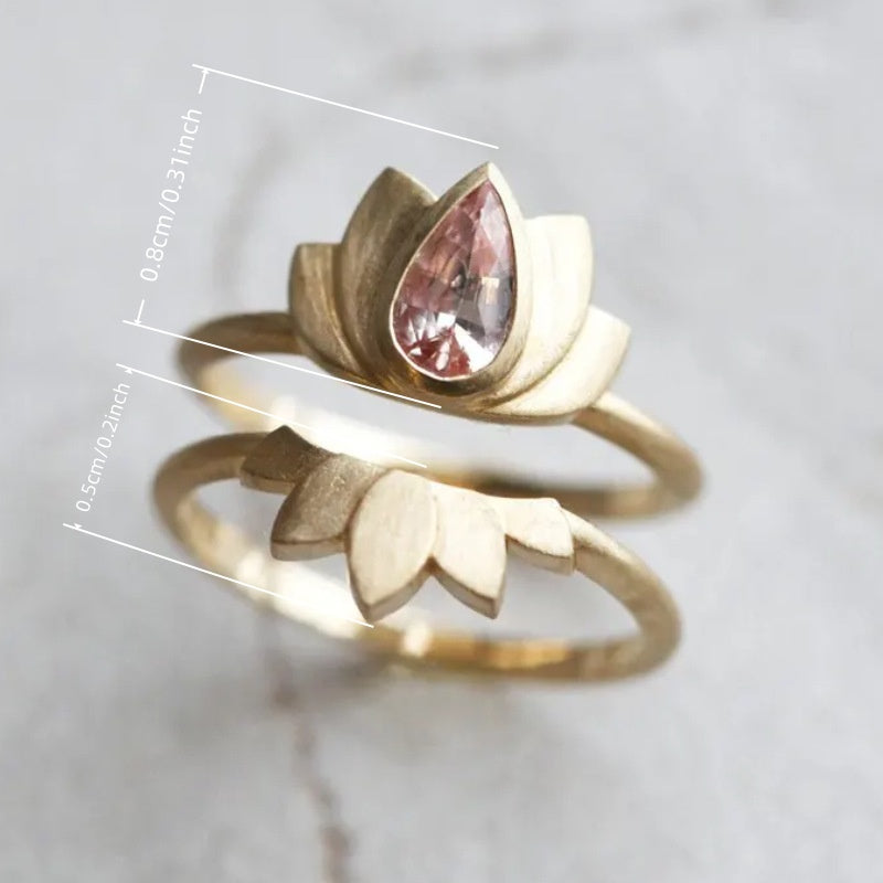 Conjunto vintage elegante de anéis flor de lótus com incrustações de zircónias cor-de-rosa