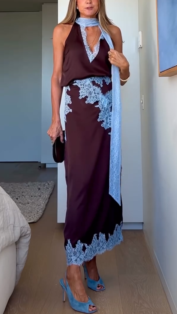 Conjunto de top con panel de encaje y falda Isabella
