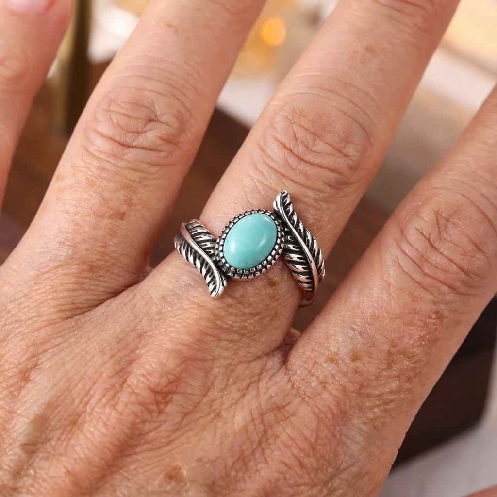 Anillo vintage de plata de ley con hoja de turquesa