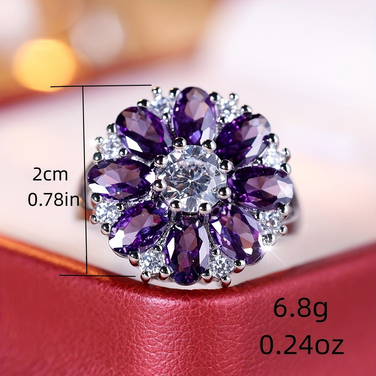 Anel elegante e vistoso com flor de zircónias roxas
