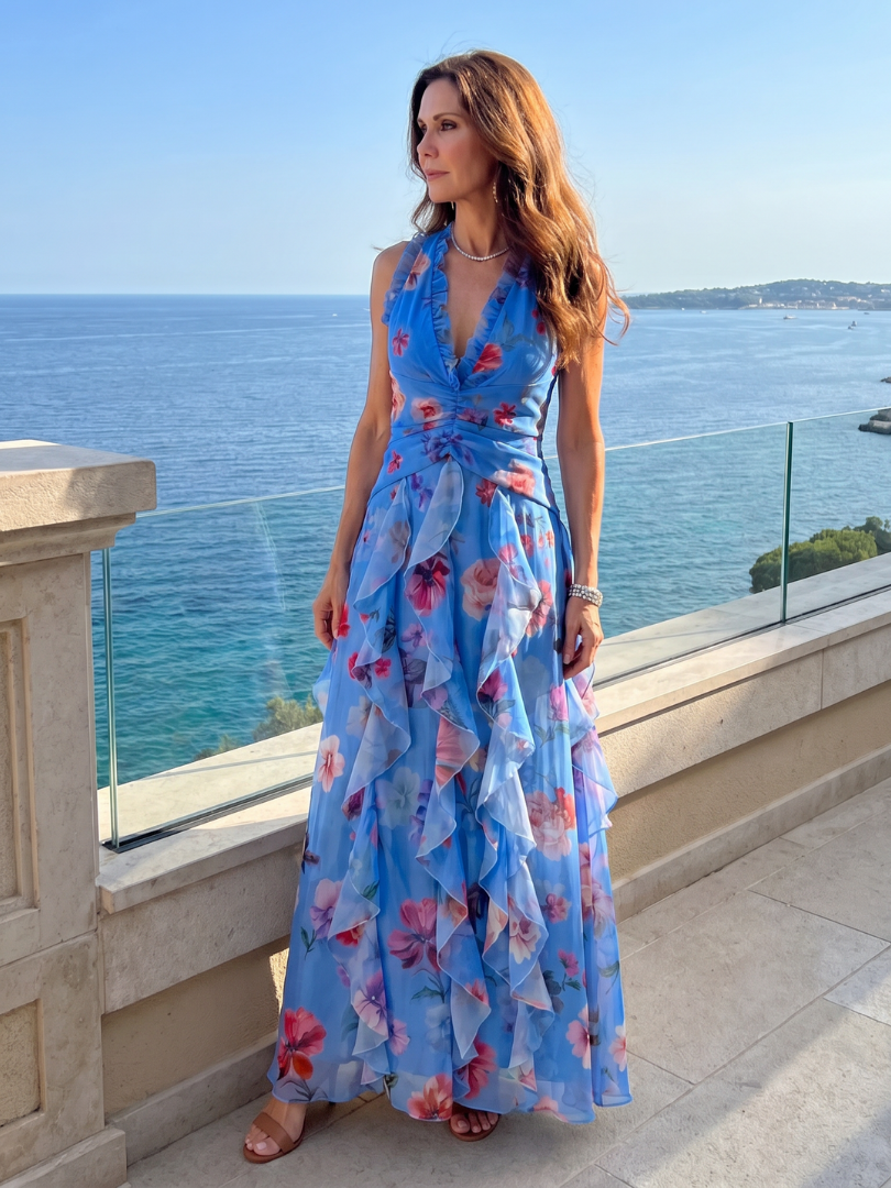 Nori | Vestido maxi com decote halter, corpete franzido e padrão floral