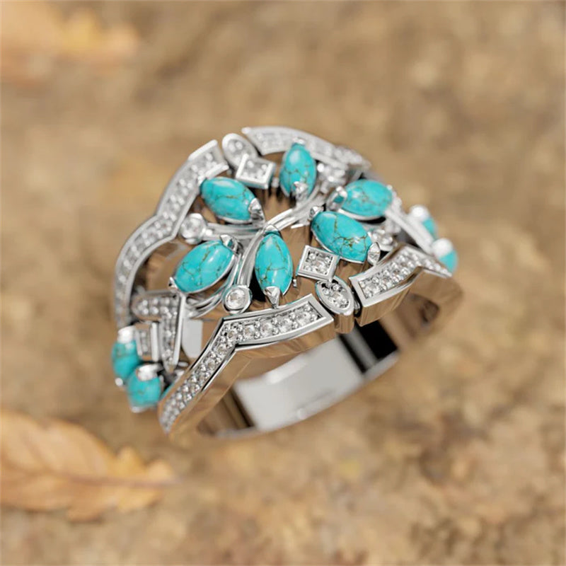 Anillo vintage bohemio de flores y enredaderas de turquesa