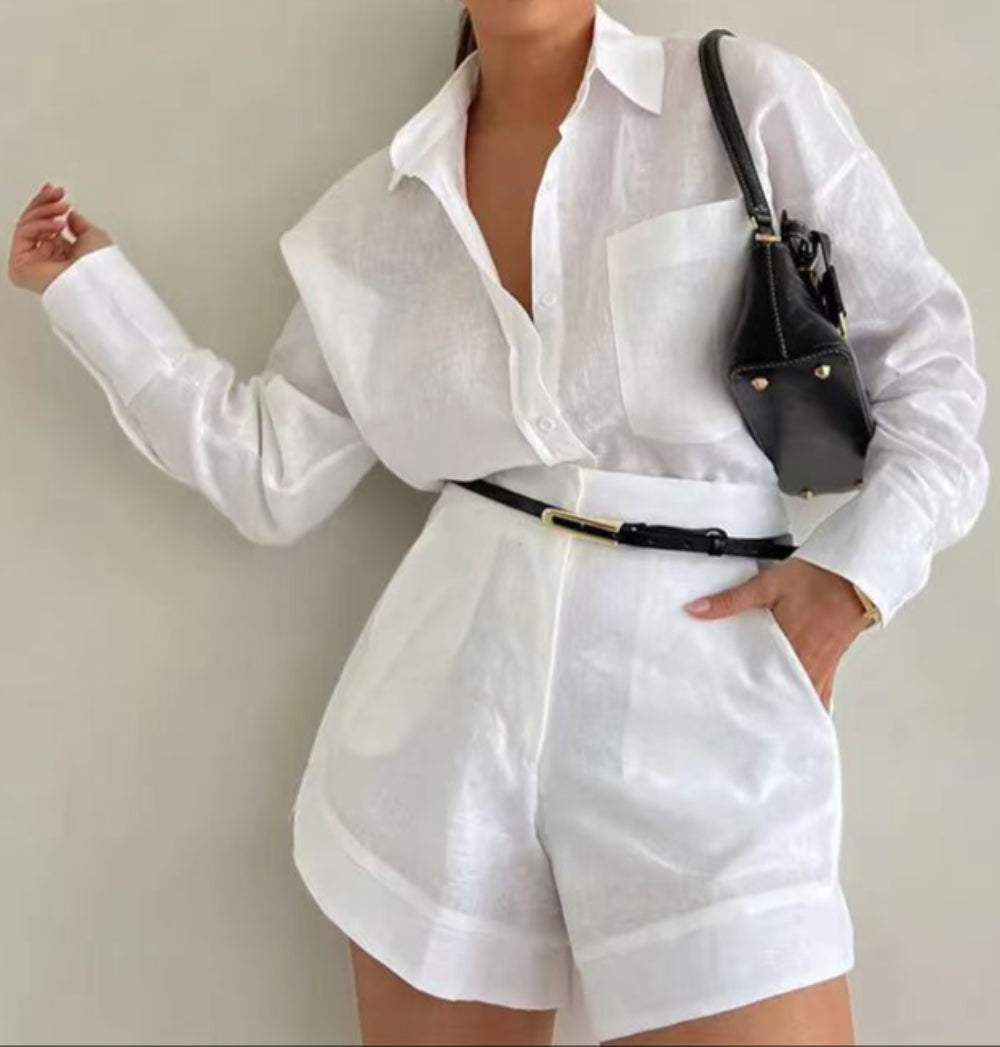 Conjunto de blusa de mangas compridas e shorts de algodão e linho Lila