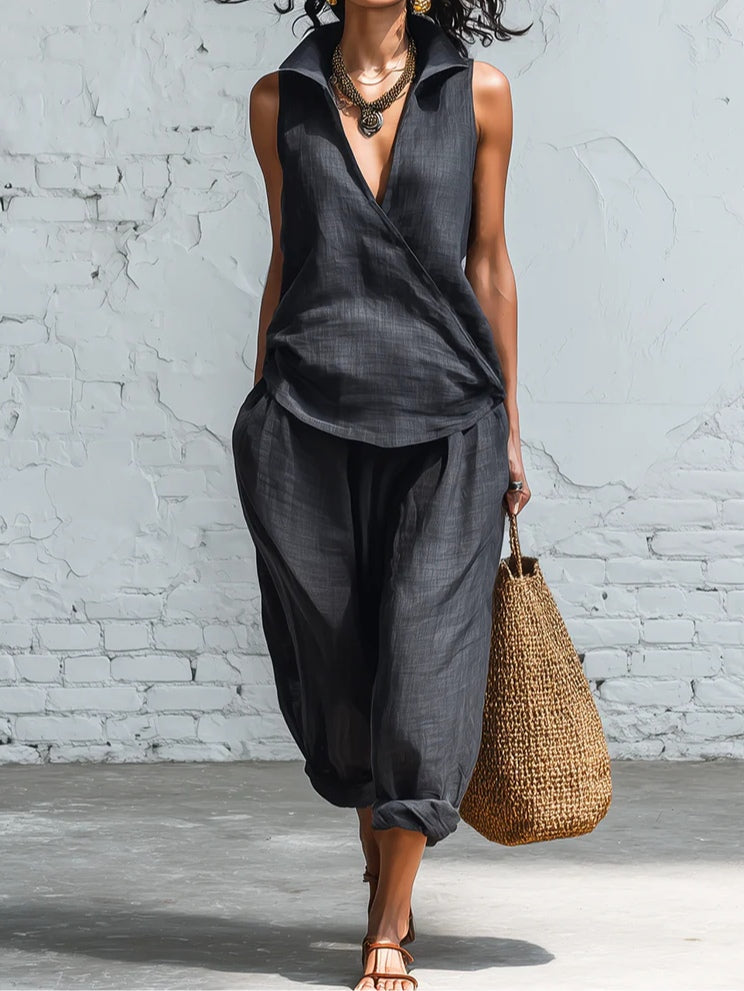 Conjunto de camisa com gola e calças de perna larga Sophia