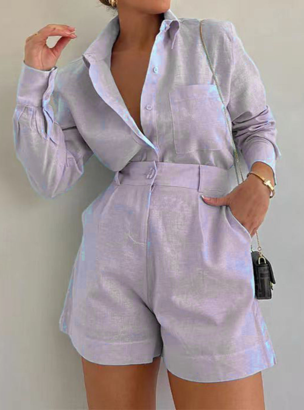 Conjunto de blusa de mangas compridas e shorts de algodão e linho Lila