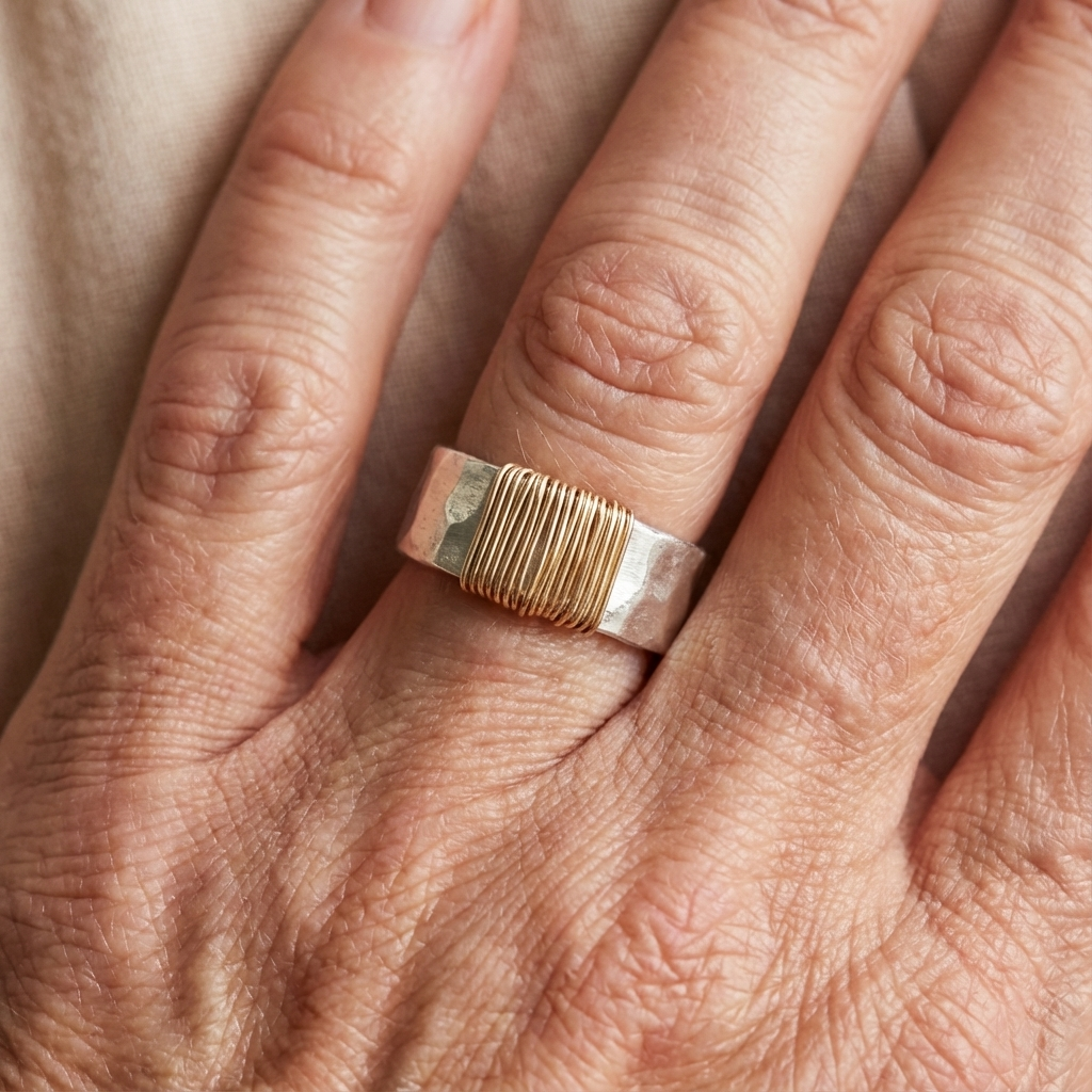 Anillo artesanal llamativo de alambre martillado de plata y oro
