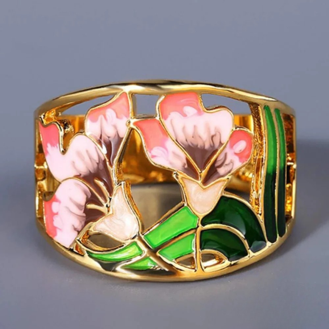 Anillo floral vintage de oro esmaltado