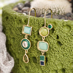 Vintage Geometric Green Stone Gold Drop Earrings