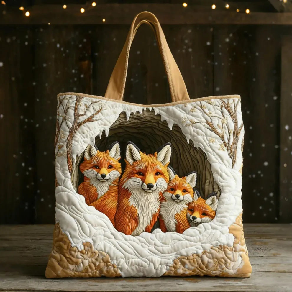 Familia de zorros acogedora | Bolsa tote acolchada artesanal
