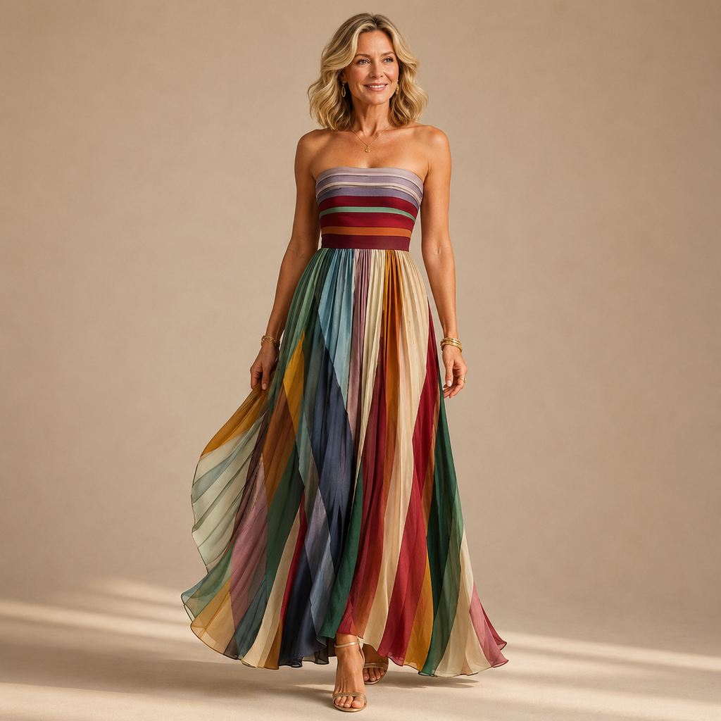 Judith | Women's Strapless Colorful Pleated Summer Maxi Dress Strapless